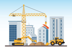 下建设建筑工作过程与建设机器过程建设大建筑宿舍区域向量插图