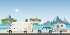 商队车开车车路的海滩的假期家庭假期旅行假期旅行房车商队车假期平设计向量插图