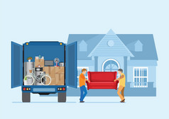 移动房子服务工人携带沙发和各种各样的盒子新首页交付卡车与群盒子着陆页面概念交付服务概念向量插图