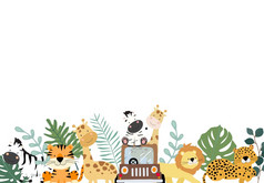 绿色集合Safari背景集与斑马狮子长颈鹿可编辑的向量插图为生日邀请明信片和贴纸