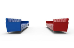 极长红色的和蓝色的沙发孤立的白色背景呈现