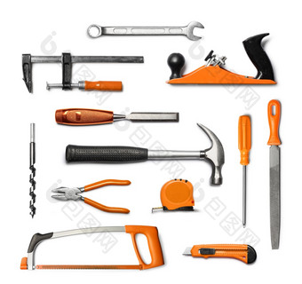 机械师<strong>手</strong>工具工具包黑色的和橙色孤立的白色<strong>背景手</strong>工具工具包孤立的