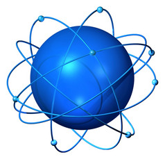 原子球球与电子和中子形成卫星轨道网络周围的蓝色的全球原子球卫星