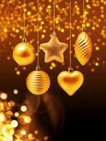 金圣诞节装饰元素与黄金散景和光点黑暗背景银圣诞节装饰