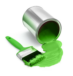 绿色油漆锡可以下降与绿色刷白色背景孤立的环境生态概念