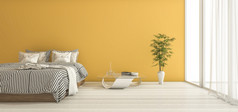 呈现黄色的卧室与最小的装饰和日光