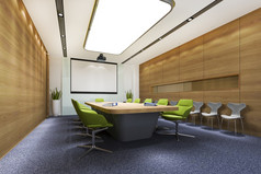 呈现业务会议房间高上升办公室建筑与绿色椅子