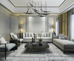 呈现奢侈品经典墙生活房间与沙发和吊灯