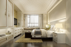 温暖的奢侈品经典卧室套房与衣柜和衣橱与中国人风格