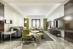 呈现奢侈品和现代绿色生活房间与沙发