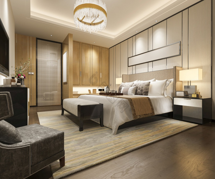 呈现奢侈品现代卧室套房酒店与衣柜和走衣橱