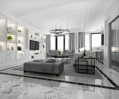 呈现白色现代经典生活房间与大理石瓷砖和书架上