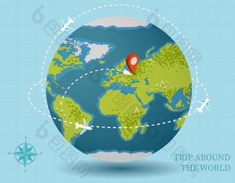 地球地球与空气路线国际旅行航空公司飞机在大陆目的地与红色的向量标签地球地球与空气路线国际旅行航空公司飞机在大陆目的地
