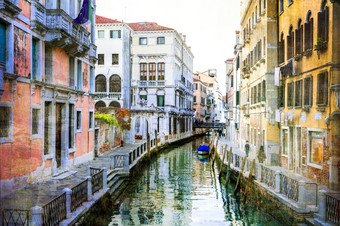 威尼斯意大利浪漫的威尼斯运河与狭窄的街道<strong>艺术图片</strong>复古的绘画风格