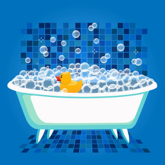 洗澡时间向量插图与浴缸和黄色的橡胶鸭泡沫水泡沫浴和玩具卡通平插图蓝色的背景洗澡时间向量插图与浴缸和黄色的橡胶鸭泡沫水泡沫浴和玩具卡通平插图