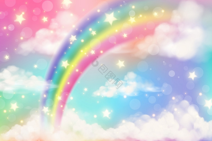 摘要彩虹与云和星星天空幻想柔和的颜色独角