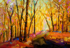 石油绘画色彩斑斓的秋天树半摘要图像森林阿斯彭树与黄色的红色的叶秋天秋天季节自然背景手画印象派户外景观