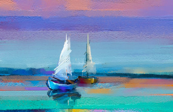 色彩斑斓的石油绘画帆布纹理印象主义图像海景绘画与阳光背景现代艺术石油绘画与船帆海摘要当代艺术为背景