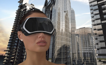插图女人穿虚拟现实头戴显示头戴式显示器