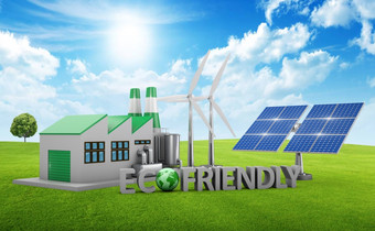 环保概念<strong>绿色</strong>工厂风涡轮机而且太阳能面板<strong>绿色</strong>草坪上与树