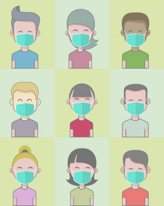 冠状病毒中国年轻的人绿色医疗脸面具概念冠状病毒检疫向量插图