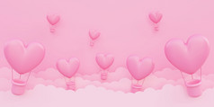 情人节rsquo一天爱概念背景粉红色的心形状的热空气气球飞行的天空与纸云复制空间