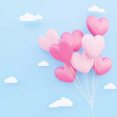 情人节rsquo一天爱概念背景粉红色的和白色心形状的气球花束浮动的天空与纸云