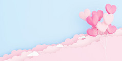 情人节rsquo一天爱概念背景插图粉红色的心形状的气球花束浮动的天空与纸云