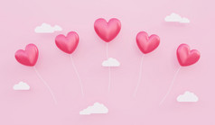 情人节rsquo一天爱概念背景插图红色的心形状的气球浮动的天空与纸云