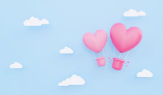 情人节rsquo一天爱概念背景插图粉红色的心形状的热空气气球浮动的天空与纸云