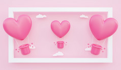 情人节rsquo一天爱概念背景插图粉红色的心形状的热空气气球浮动出框架与纸云