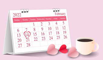 情人节一天日历心形状标志着2月柔和的颜色软粉红色的和白色粉红色的背景桌子上日历与纸心蚂蚁咖啡杯向量为设计元素