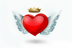 飞行红色的心与翅膀和皇冠