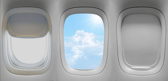特写镜头集团的飞机窗户与的云天空背景
