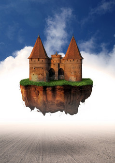 悬浮中世纪的城堡岛的云黑暗幻想故事