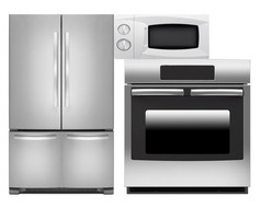 冰箱烤箱和微波烤箱孤立的白色冰箱烤箱和微波烤箱