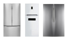 三个不锈钢钢冰箱孤立的白色背景三个不锈钢钢冰箱