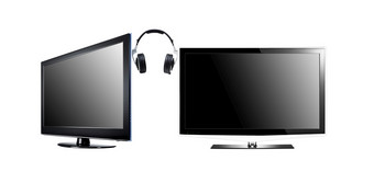 两个液晶显示器高定义平屏幕与耳机孤立的白色两个液晶显示器高定义平屏幕与耳机