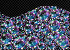 现实的透明的色彩斑斓的肥皂泡沫与彩虹反射孤立的波背景向量纹理