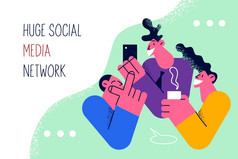 巨大的社会媒体网络概念年轻的积极的工人持有智能手机看屏幕分析社会媒体发展业务活动刻字向量插图巨大的社会媒体网络概念