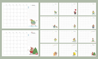 墙日历模板为一年日历规划师与可爱的牛孤立的白色堀唑格式每月页面与向量插图周开始周日准备好了为打印墙日历模板为一年格式向量