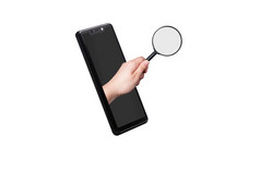手持有放大玻璃坚持出的智能手机屏幕电话搜索概念