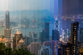 全景视图在香港香港从的前点维多利亚峰的晚上转晚上与的发光的城市灯条纹拼贴画黄昏在在香港香港条纹拼贴画