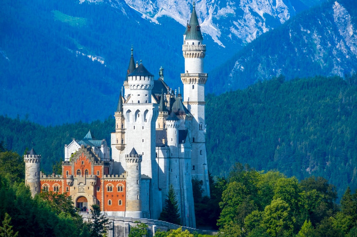 夏天德国阳光明媚的早的山是覆盖与森林城堡