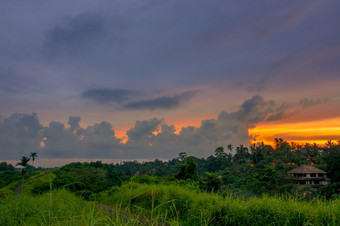 印尼热带<strong>雨林</strong>和房子的晚上美丽的云的地平线晚上云在热带<strong>雨林</strong>