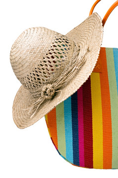 海滩项目海滩项目色彩斑斓的条纹袋而且稻草帽子