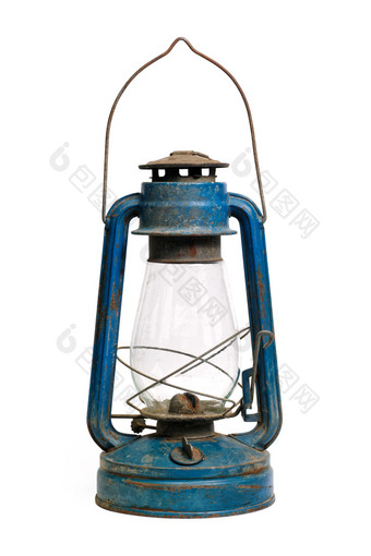 非常老煤油灯孤立的对象非常老破旧的和生锈的蓝色的煤油灯白色背景