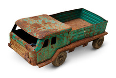 孤立的对象非常老锡玩具通用的汽车卡车白色背景特写镜头拍摄老锡玩具通用的汽车卡车