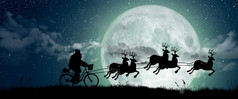 轮廓圣诞老人老人得到移动骑他们的驯鹿在完整的月亮晚上圣诞节快乐圣诞节和快乐假期