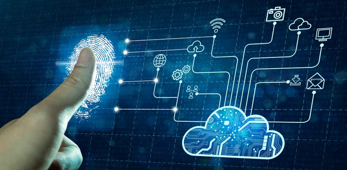 商人指纹扫描网络连接与技术背景云计算网络安全数据保护和网络安全概念